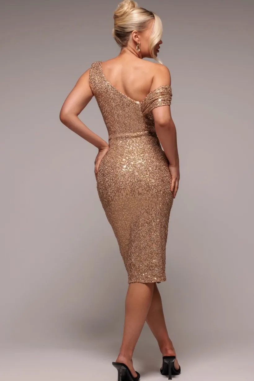 Sequin Cowl One Shoulder Midi Dress - Gold by Goddiva