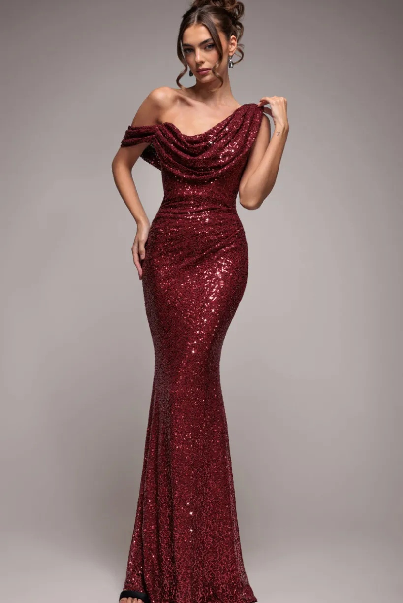Sequin Cowl One Shoulder Maxi Dress - Wine by Goddiva
