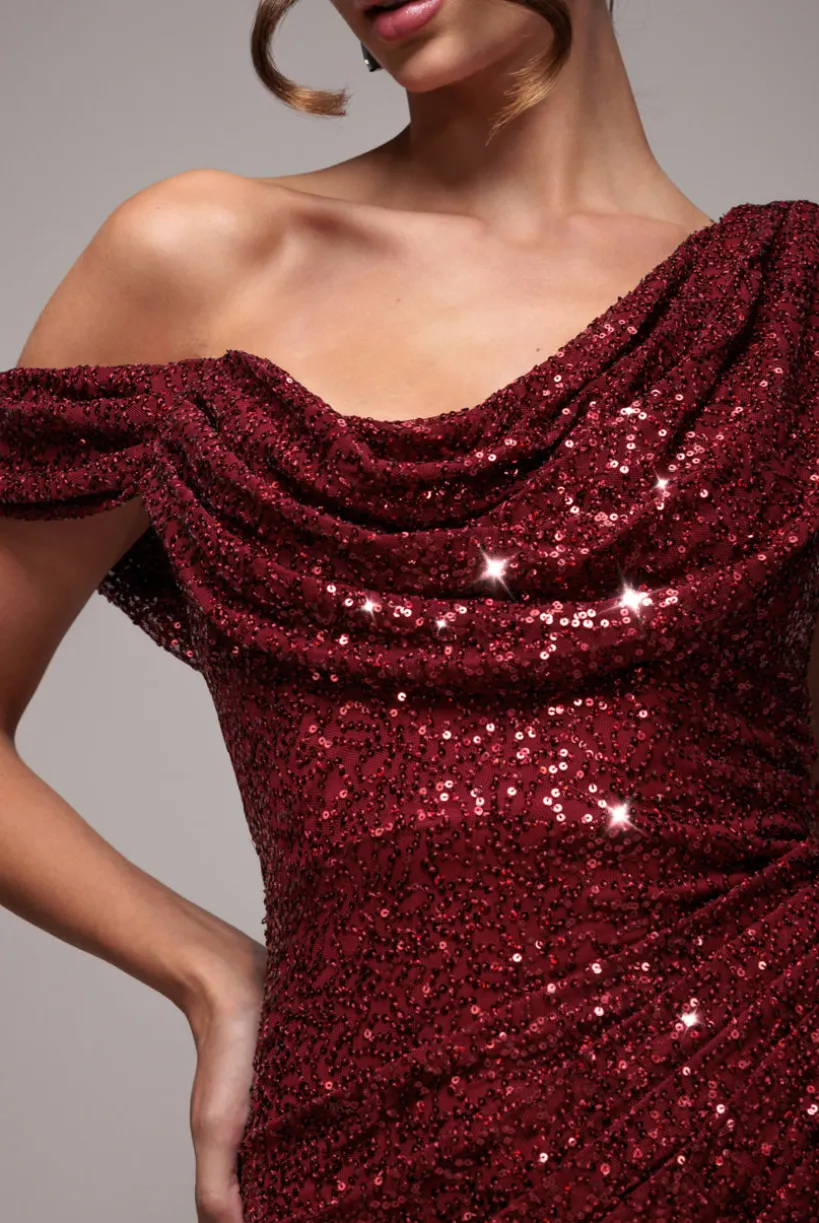 Sequin Cowl One Shoulder Maxi Dress - Wine by Goddiva