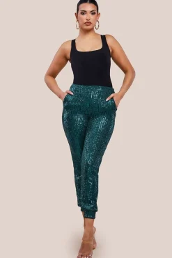 Sequin Cuffed Ankle Trouser - Emerald by Goddiva