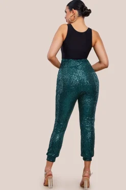 Sequin Cuffed Ankle Trouser - Emerald by Goddiva