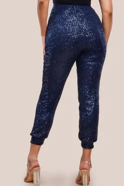 Sequin Cuffed Ankle Trouser - Navy by Goddiva