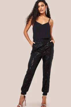 Sequin Cuffed Ankle Trouser - Black by Goddiva