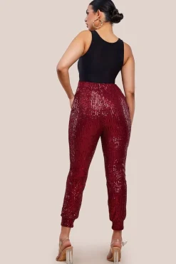 Sequin Cuffed Ankle Trouser - Wine by Goddiva