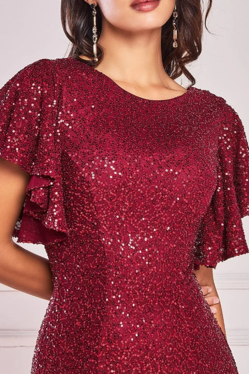 Sequin Flutter Sleeve Maxi - Wine by Goddiva