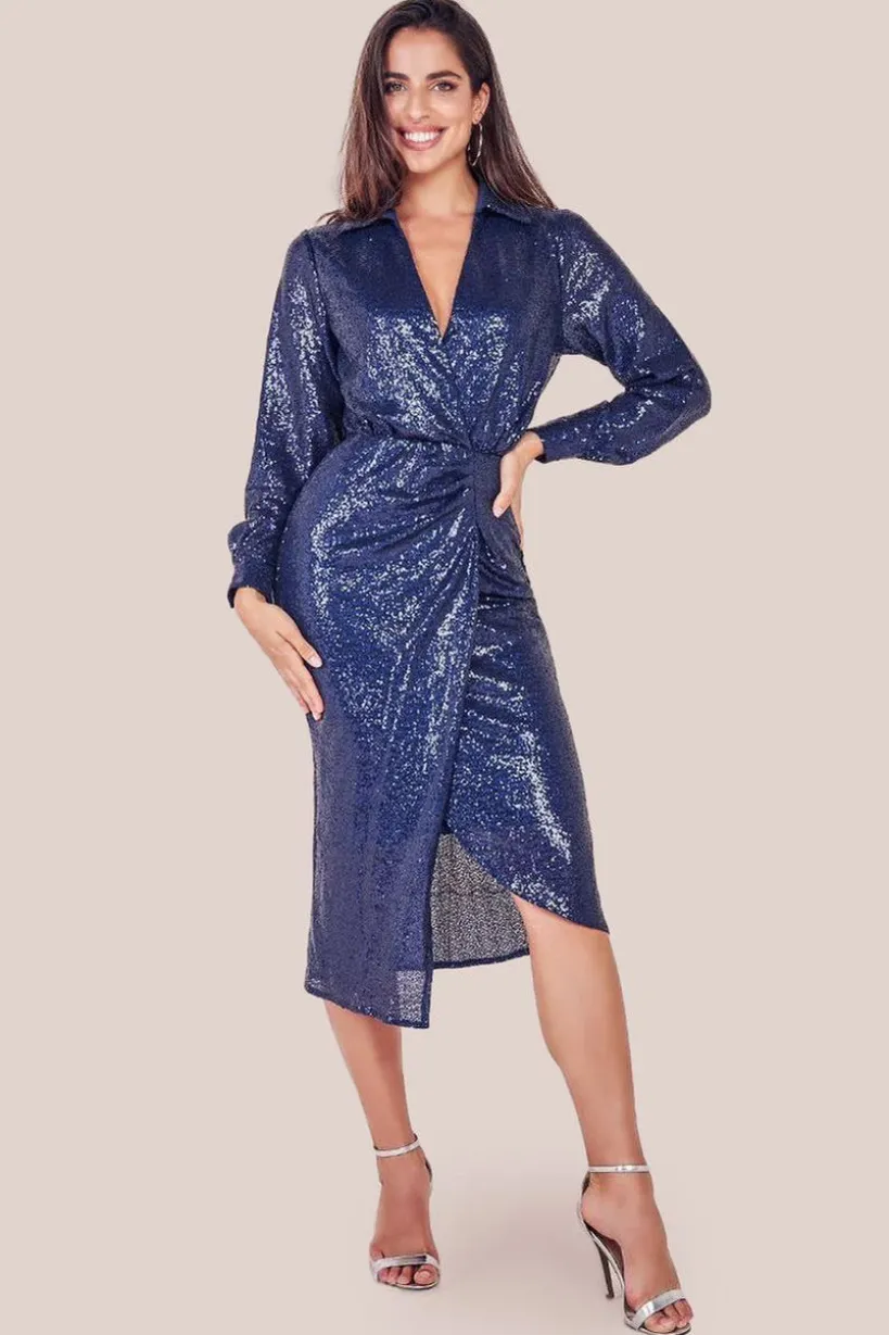 Sequin Front Split Shirt Dress - Navy by Goddiva