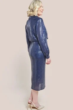 Sequin Front Split Shirt Dress - Navy by Goddiva