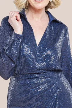 Sequin Front Split Shirt Dress - Navy by Goddiva