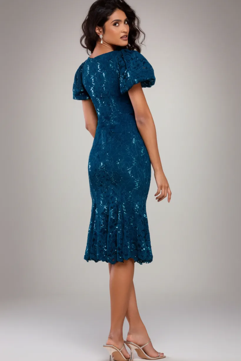 Sequin Lace Puff Sleeve Fit & Flare Midi Dress - Teal Blue by Goddiva