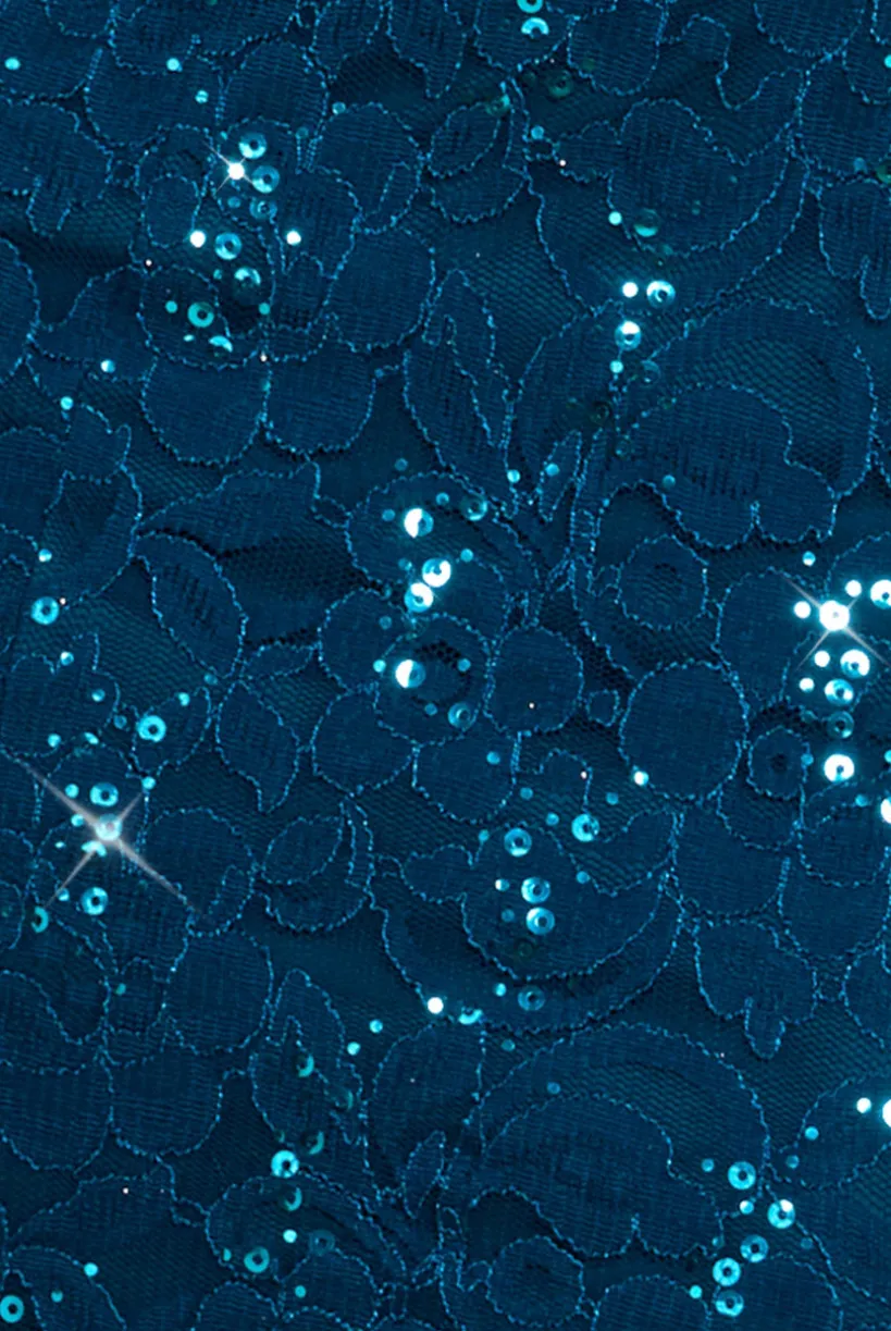 Sequin Lace Puff Sleeve Fit & Flare Midi Dress - Teal Blue by Goddiva