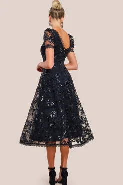 Sequin Lace Short Sleeve A-Line Midi Dress - Black by Goddiva