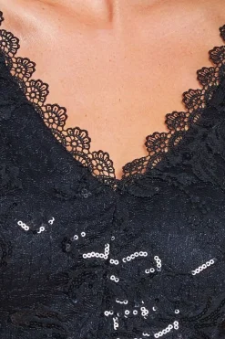 Sequin Lace Short Sleeve A-Line Midi Dress - Black by Goddiva