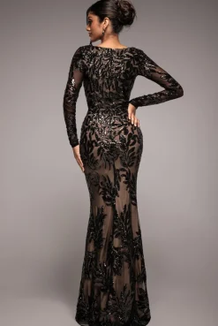 Sequin Leaf Long Sleeve Maxi Dress - Black by Goddiva