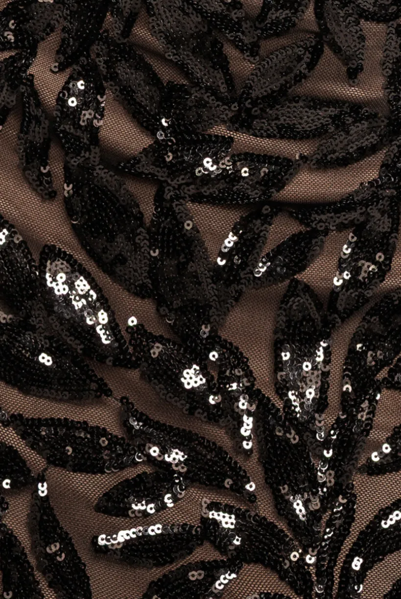 Sequin Leaf Long Sleeve Maxi Dress - Black by Goddiva