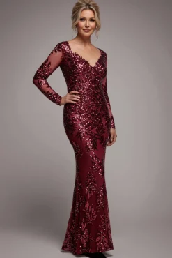 Sequin Leaf Long Sleeve Maxi Dress - Burgundy by Goddiva