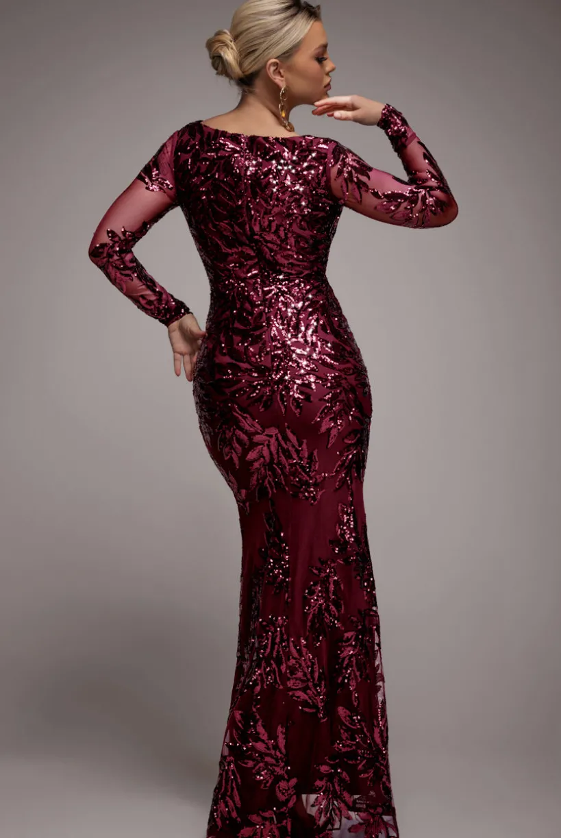 Sequin Leaf Long Sleeve Maxi Dress - Burgundy by Goddiva