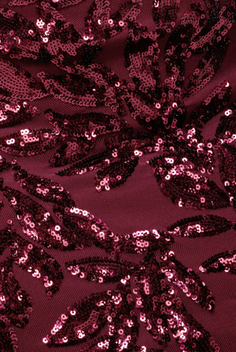 Sequin Leaf Long Sleeve Maxi Dress - Burgundy by Goddiva