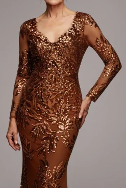 Sequin Leaf Long Sleeve Maxi Dress - Bronze by Goddiva