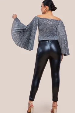 Sequin Lurex Bardot Pleated Sleeve Top - Silver by Goddiva