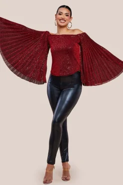 Sequin Lurex Bardot Pleated Sleeve Top - Wine by Goddiva