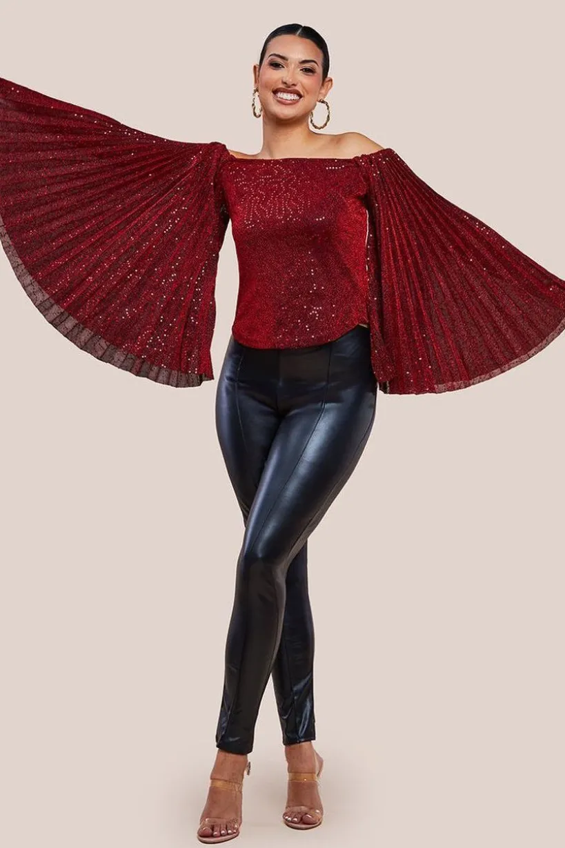 Sequin Lurex Bardot Pleated Sleeve Top - Wine by Goddiva
