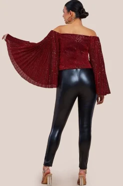 Sequin Lurex Bardot Pleated Sleeve Top - Wine by Goddiva