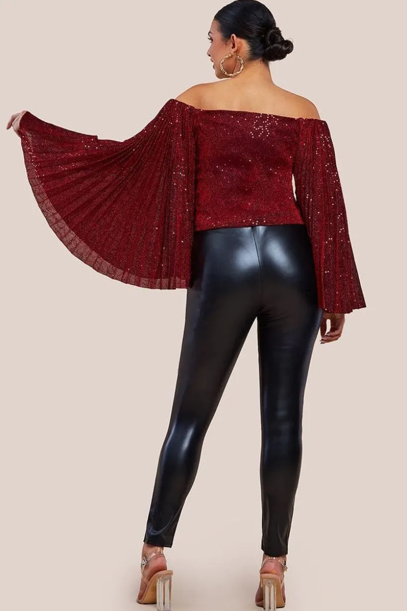 Sequin Lurex Bardot Pleated Sleeve Top - Wine by Goddiva
