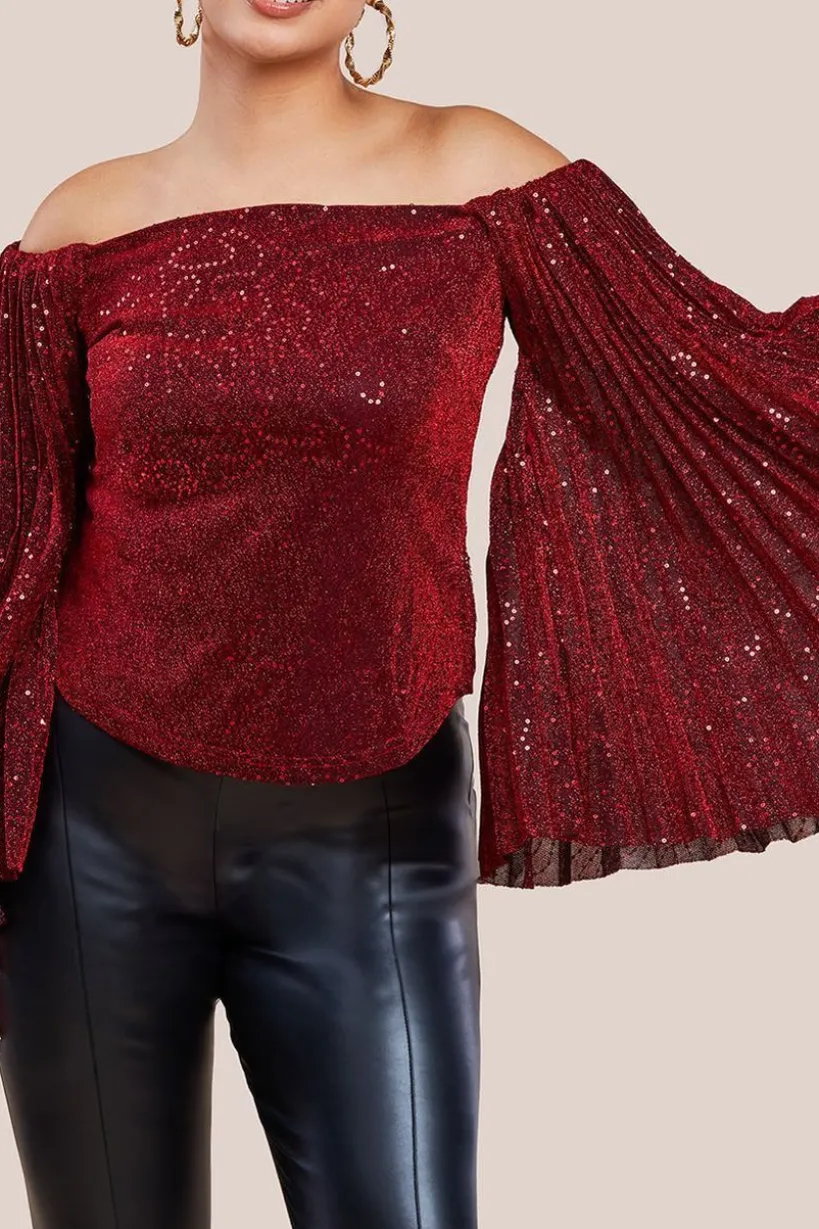 Sequin Lurex Bardot Pleated Sleeve Top - Wine by Goddiva