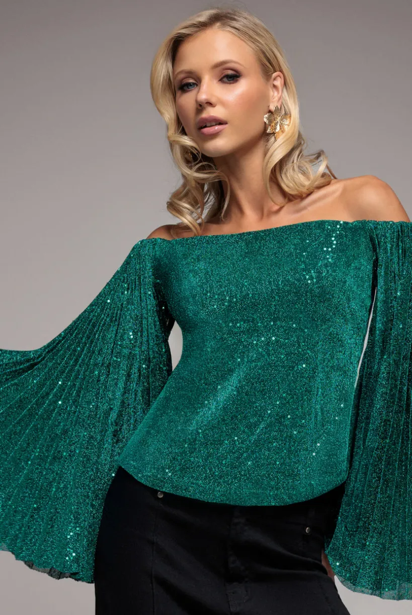 Sequin Lurex Bardot Pleated Sleeve Top - Teal Blue by Goddiva
