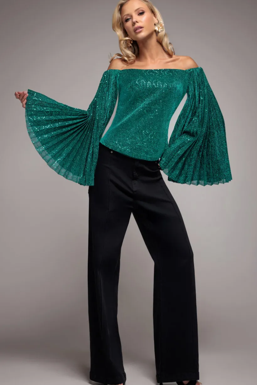 Sequin Lurex Bardot Pleated Sleeve Top - Teal Blue by Goddiva