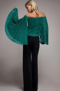 Sequin Lurex Bardot Pleated Sleeve Top - Teal Blue by Goddiva