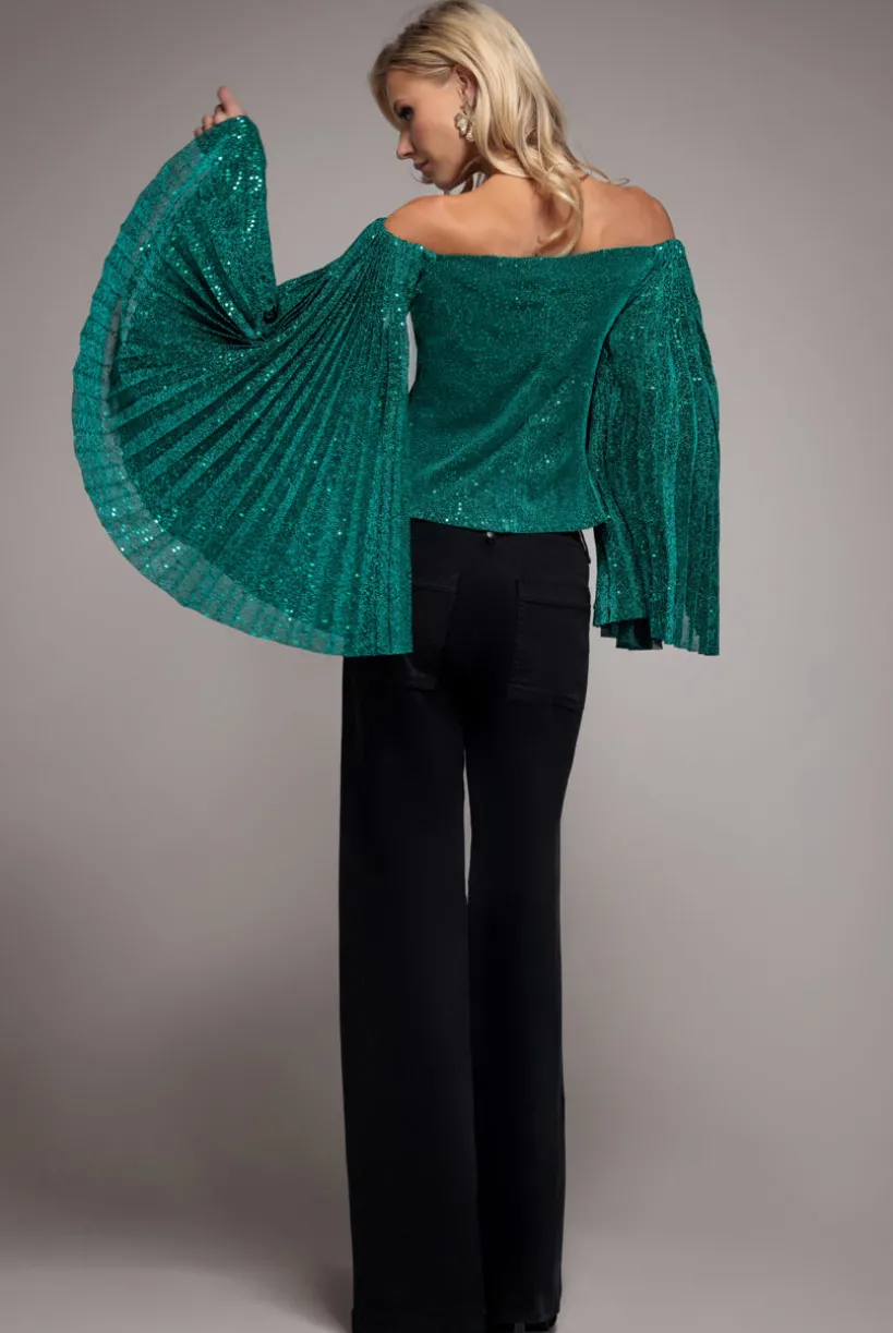 Sequin Lurex Bardot Pleated Sleeve Top - Teal Blue by Goddiva