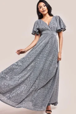 Sequin Lurex Flutter Sleeve Maxi Dress - Silver by Goddiva
