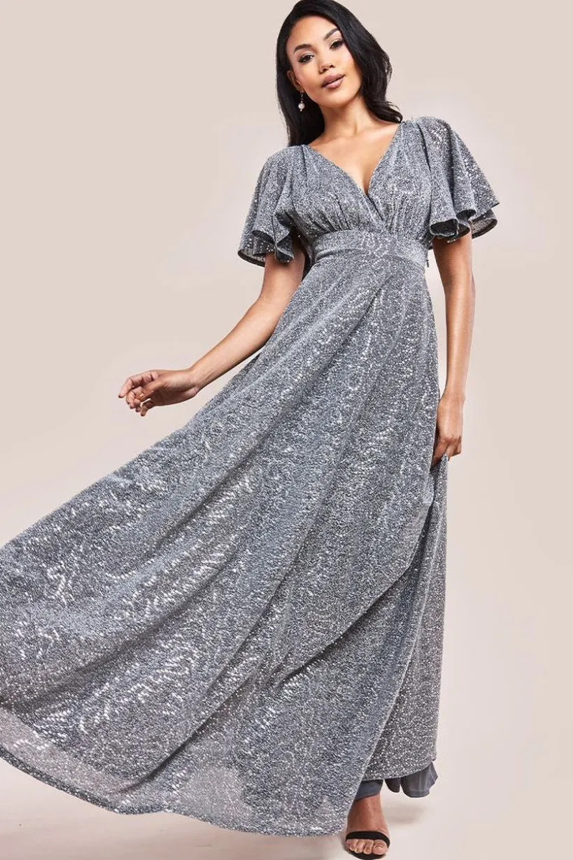 Sequin Lurex Flutter Sleeve Maxi Dress - Silver by Goddiva