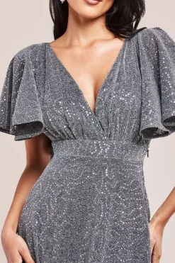 Sequin Lurex Flutter Sleeve Maxi Dress - Silver by Goddiva