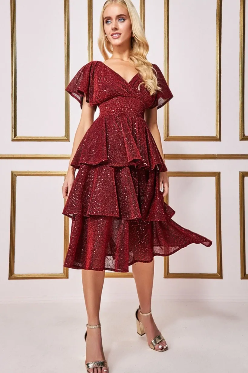 Sequin Lurex Tiered Midi Dress - Wine by Goddiva