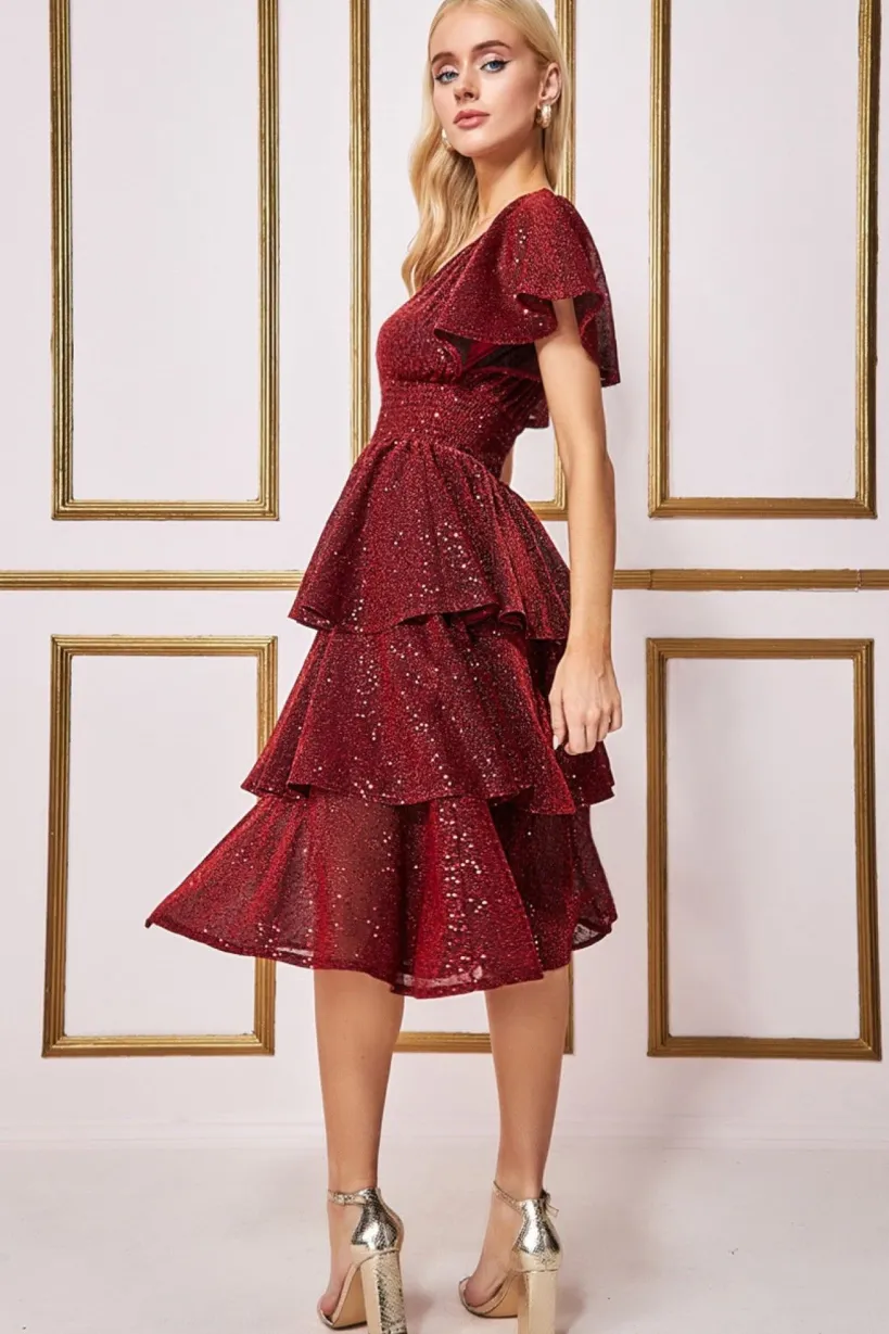 Sequin Lurex Tiered Midi Dress - Wine by Goddiva