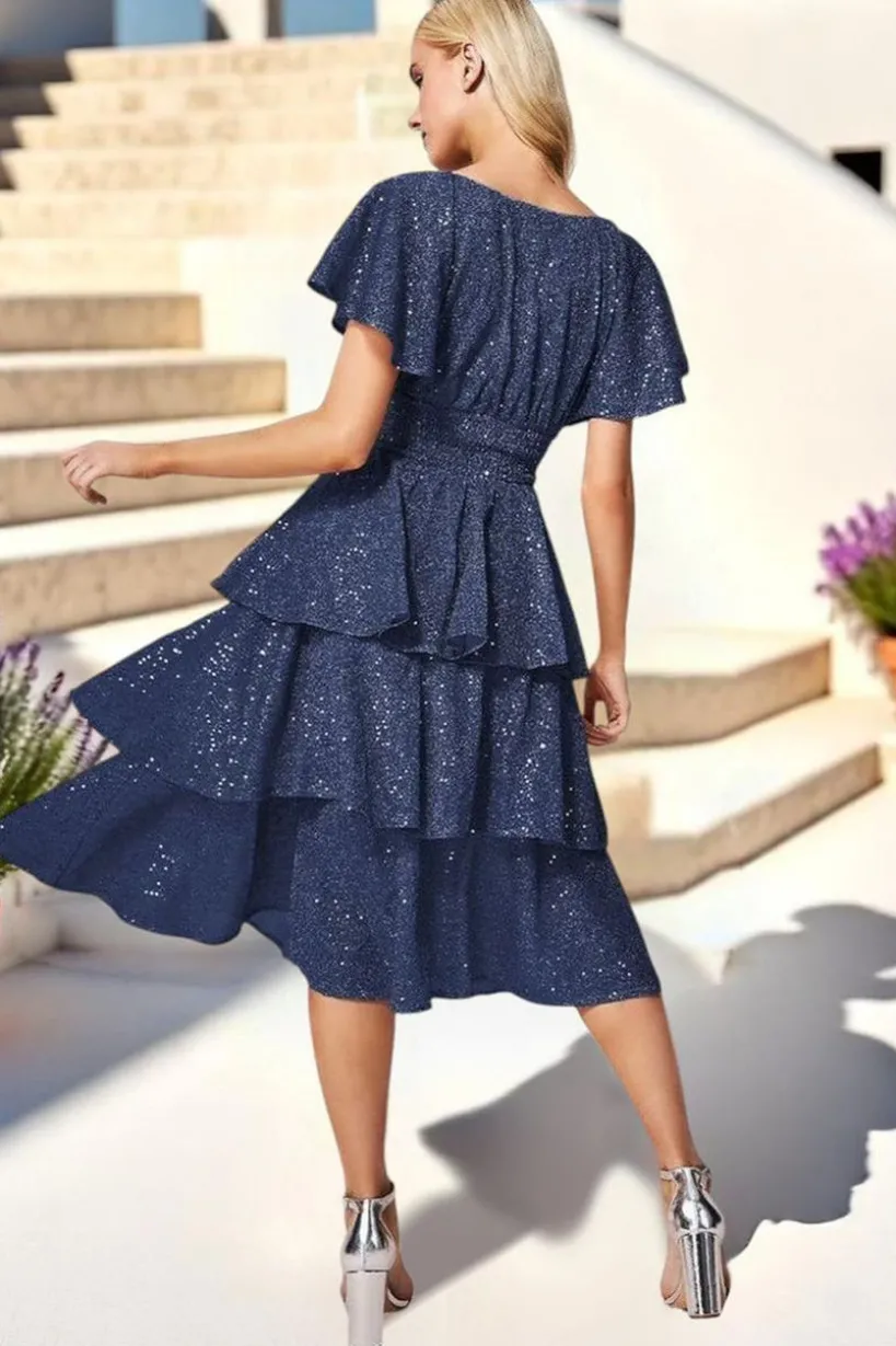 Sequin Lurex Tiered Midi Dress - Navy by Goddiva