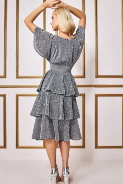 Sequin Lurex Tiered Midi Dress - Silver by Goddiva