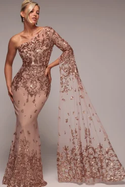 Sequin Mesh One Shoulder Evening Maxi Dress - Champagne by Goddiva