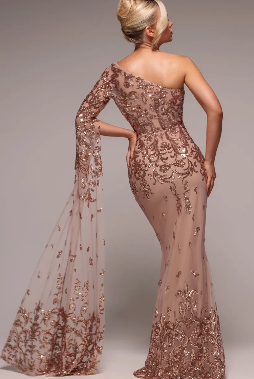 Sequin Mesh One Shoulder Evening Maxi Dress - Champagne by Goddiva
