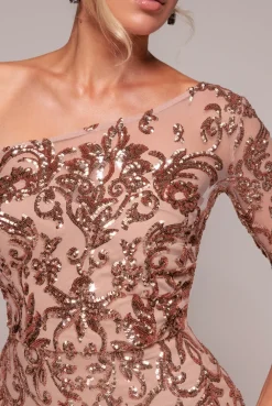 Sequin Mesh One Shoulder Evening Maxi Dress - Champagne by Goddiva