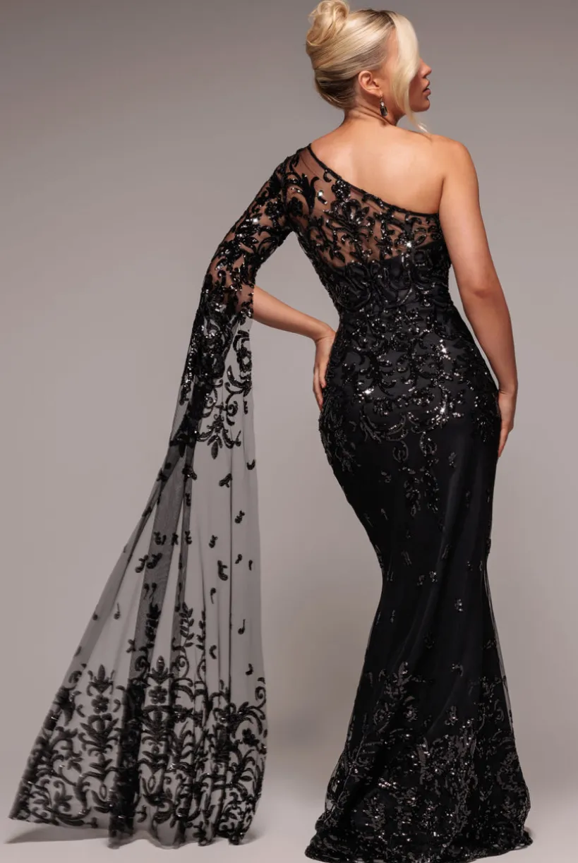 Sequin Mesh One Shoulder Evening Maxi Dress - Black by Goddiva