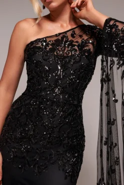 Sequin Mesh One Shoulder Evening Maxi Dress - Black by Goddiva