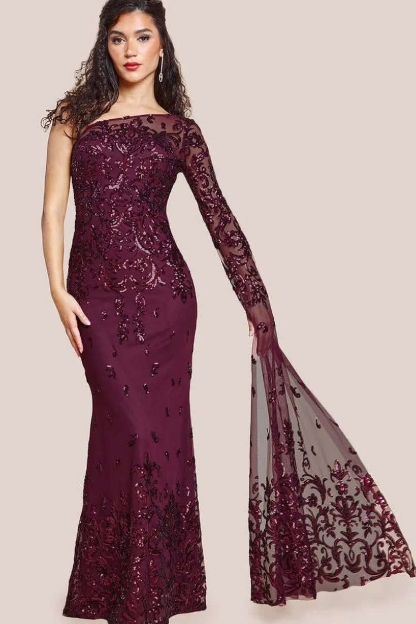 Sequin Mesh One Shoulder Evening Maxi - Burgundy by Goddiva