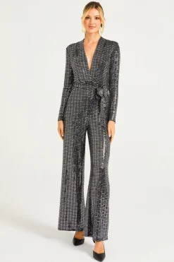 Sequin Plunge Neck Faux Wrap Jumpsuit In Silver by Angeleye