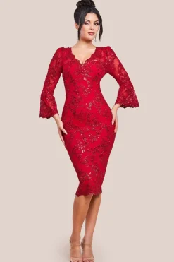Sequin Scallop Lace Midi Dress - Red by Goddiva