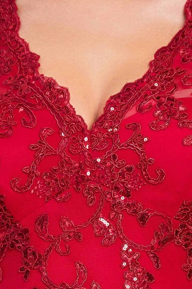 Sequin Scallop Lace Midi Dress - Red by Goddiva