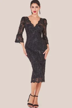 Sequin Scallop Lace Midi Dress - Black by Goddiva
