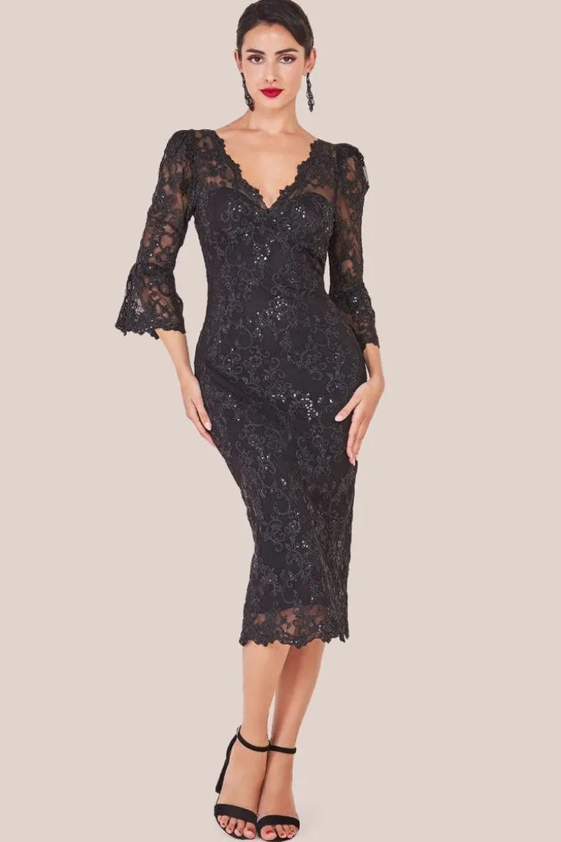 Sequin Scallop Lace Midi Dress - Black by Goddiva